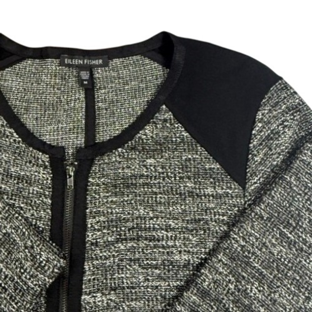 Eileen Fisher Black White Marled Knit Zip Cardigan Jacket Size M Colorblock